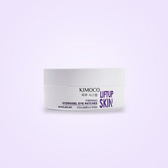 Zamknięty biały pojemnik "Kimoco Lift-Up Skin Firming Hydrogel Eye Patches", na jasnofioletowym tle.