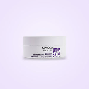 Zamknięty biały pojemnik "Kimoco Lift-Up Skin Firming Hydrogel Eye Patches", na jasnofioletowym tle.