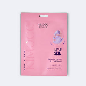Różowe opakowanie z zawieszką "Kimoco Lift-Up Skin Extreme Lifting 3-Part Mask" z ilustracją twarzy w fioletowej maseczce, na jasnym tle.
