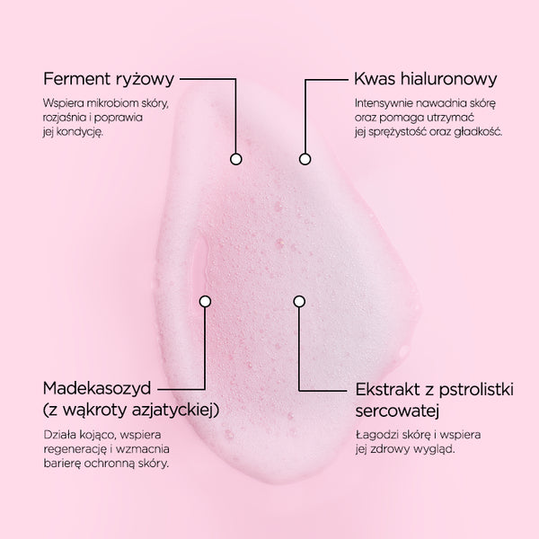 Infografika ze składnikami na różowym tle: po środku różowa pianka, u góry opisy Ferment ryżowy i Kwas hialuronowy, u dołu Madekasozyd i Ekstrakt z pstrolistki sercowatej.
