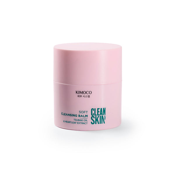 Po środku słoiczek kosmetyku Kimoco Clean Skin Soft Cleansing Balm na białym tle.